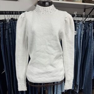 3/$20 Marled | cable knit sweater with pearl neck and sleeves | small